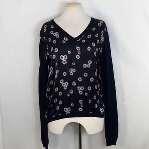 Krizia maglia long-sleeve navy blue white and red Daisy blouse size 12